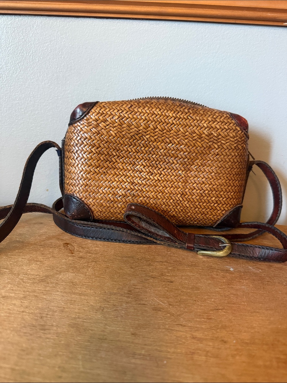 Vintage RL inspired  Woven Rattan and Leather Camera Bag Crossbody Box Purse
